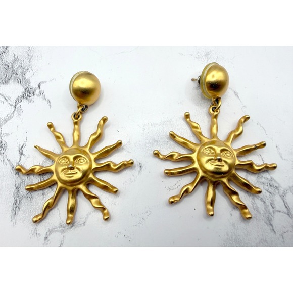 Matte Gold Sun Face Dangle Earrings 2" Drop Celestial Signed "C" - Picture 4 of 8